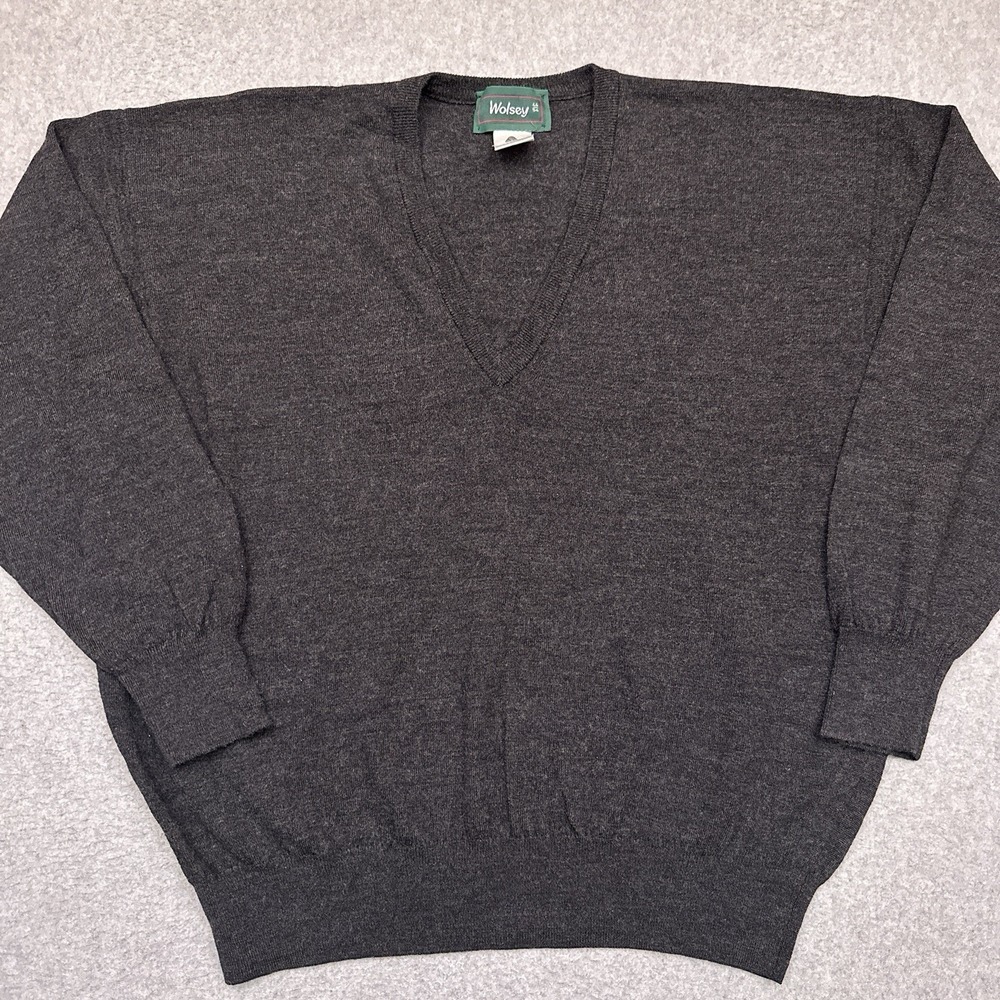 Wolsey Sweater Mens 44 Large Gray V-Neck Pure New Wool Golf‎ Made in Scotland